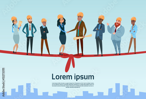 Builder Team Architect Mix Race Workers Hand Shake Project Opening Flat Vector Illustration