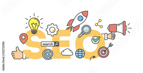 SEO concept banner on white background. Word with icons as light bulb, rocket, cloud and like button.