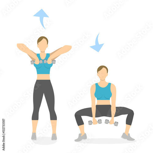 Squats exercise with weights for legs on white background. Healthy lifestyle. Workout for legs. Exercises for women.