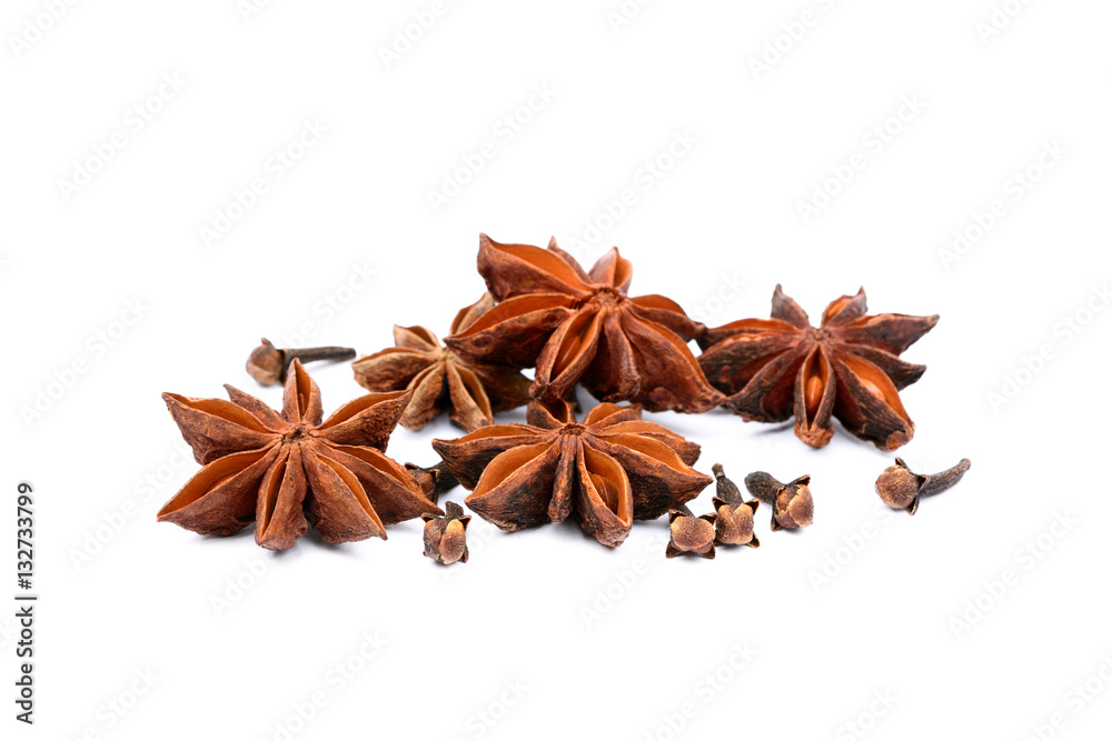 Aromatic star anise, cloves isolated on white background Aromatic star anise, cloves isolated on white background