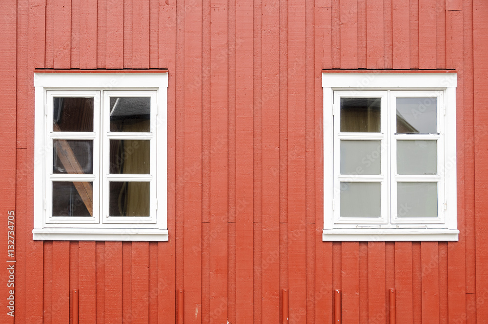 Red wall of a rorbu, Lofoten, Islands, Norway, Europe Red wall of a rorbu, Lofoten, Islands, Norway, Europe