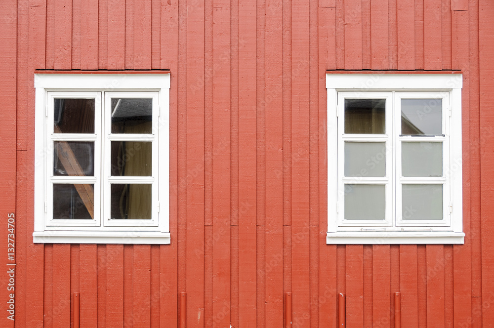 Red wall of a rorbu, Lofoten, Islands, Norway, Europe