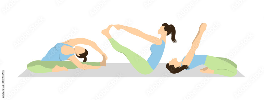 Yoga workout set on white background. Different poses and asanas. Healthy lifestyle. Body stretching. Yoga workout set on white background. Different poses and asanas. Healthy lifestyle. Body stretching.