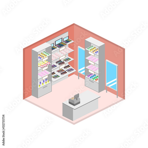 Isometric design interior of cosmetics shop vector
