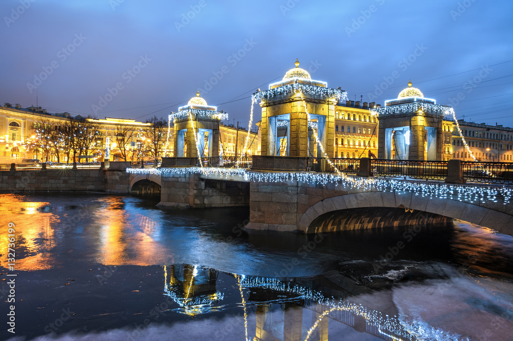 Evening Petersburg with New Year and Christmas decorations, St Petersburg, Russia
