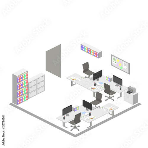 Isometric creative office interior design vector. Set of object