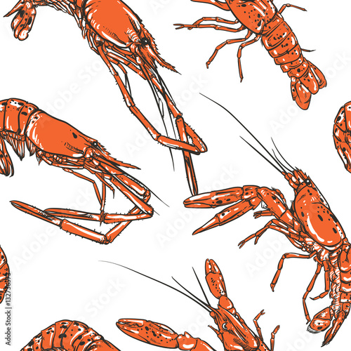 Vintage Shrimp pattern including seamless. Vintage seafood vecto