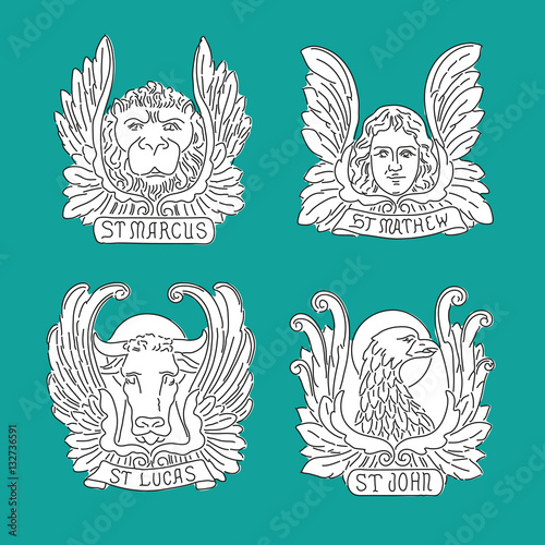 Four evangelists line symbols: angel, lion, bull and eagle. Matthew, Mark, Luke, John.