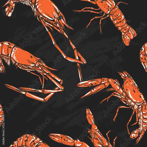 Vintage Shrimp pattern including seamless on a black background.