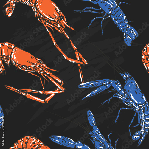 Vintage Shrimp pattern including seamless on a black background.