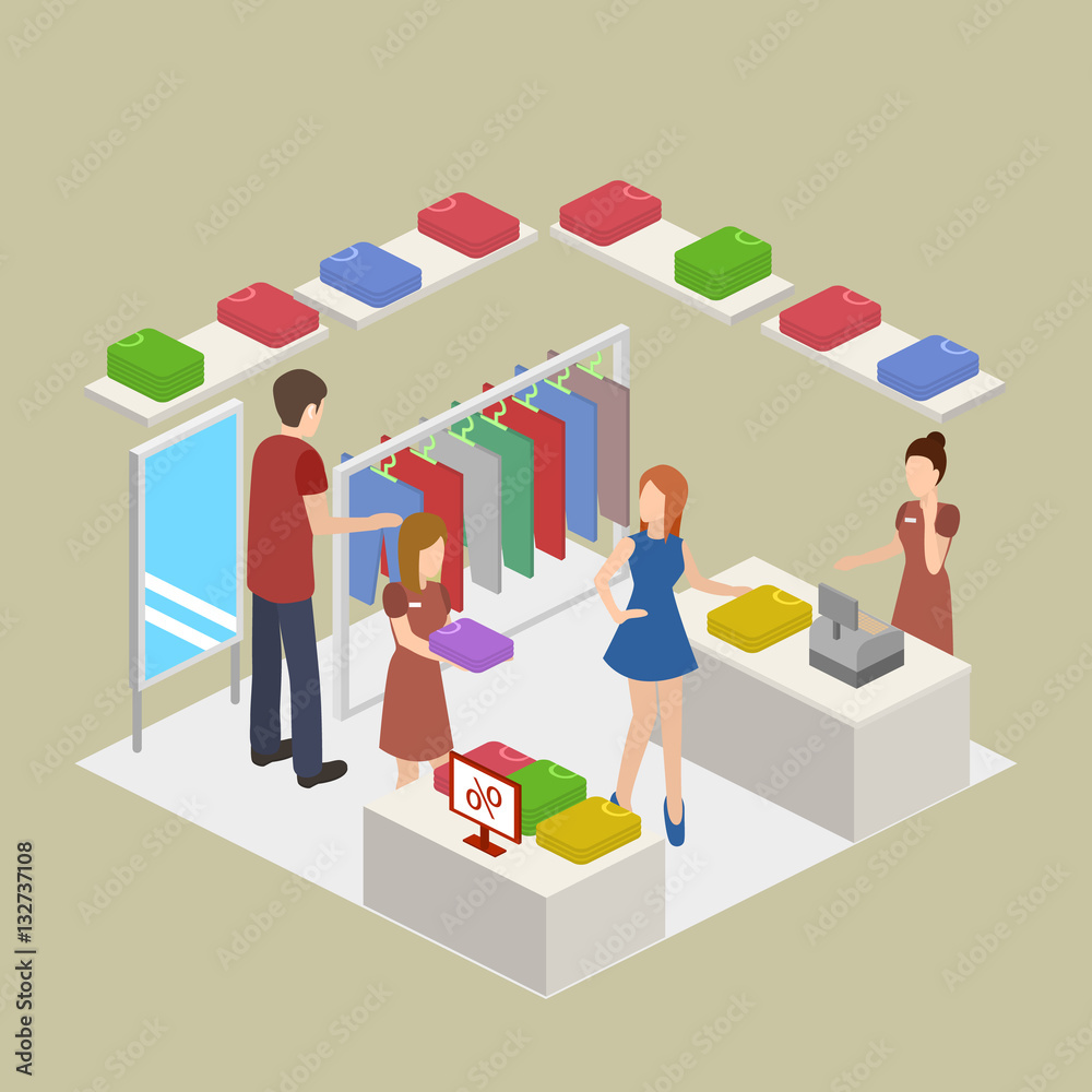 Shopping in clothes store. Shopping Center isometric vector illustration