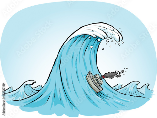 A tiny, cartoon boat attempts to climb a huge wave in the ocean.