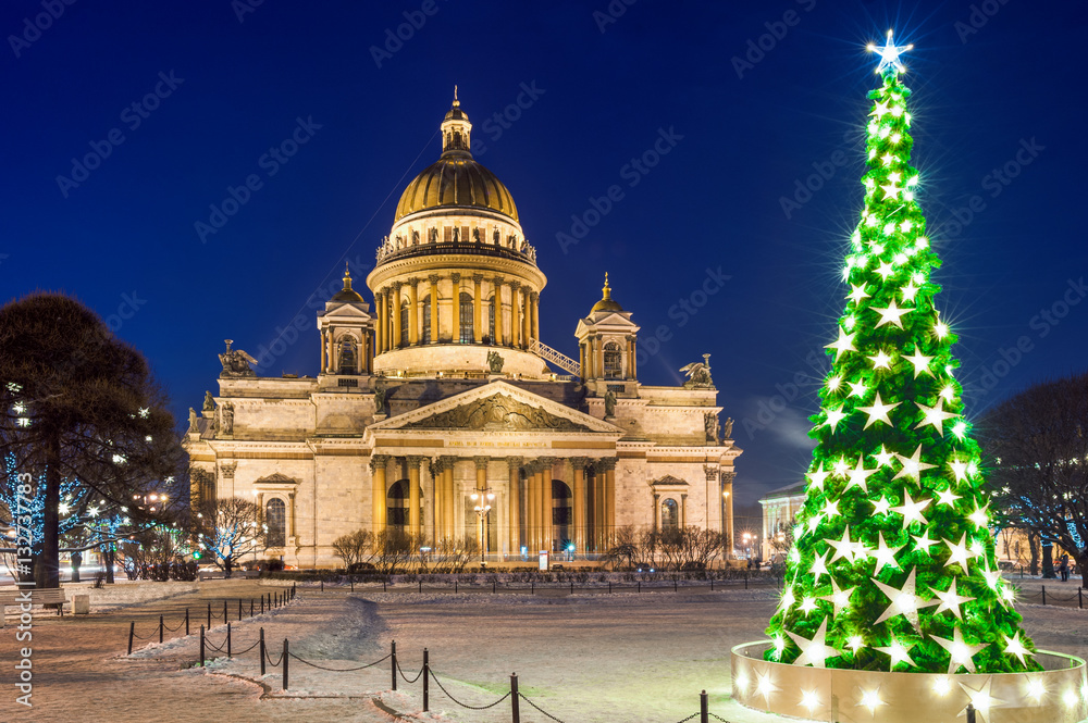 St Isaac's Cathedral and Christmas tree, St Petersburg, Russia