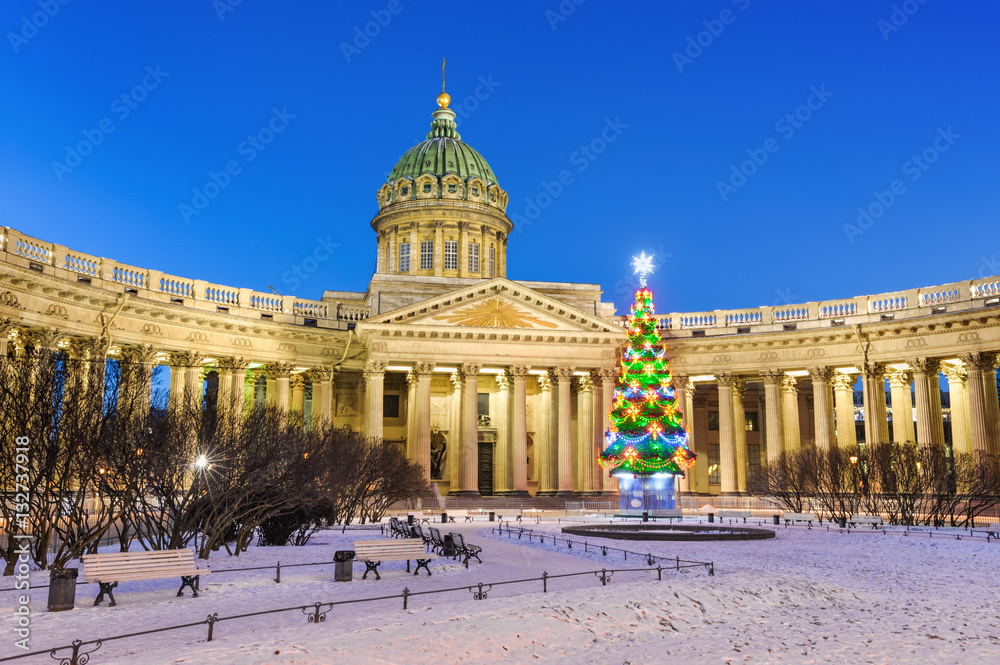 Christmas tree near Kazan Cathedral, St Petersburg, Russia