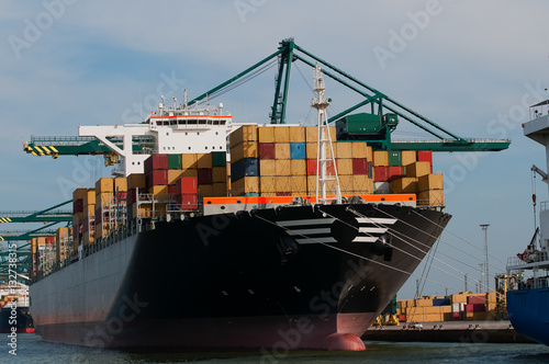 container ship unloading in a harbor