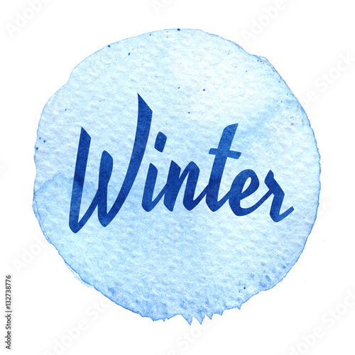 Blue watercolor circle with word winter isolated on a white background.
