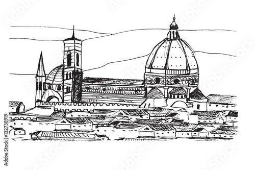 Panorama miasta Florencja. Rysunek ręcznie rysowany na białym tle.
