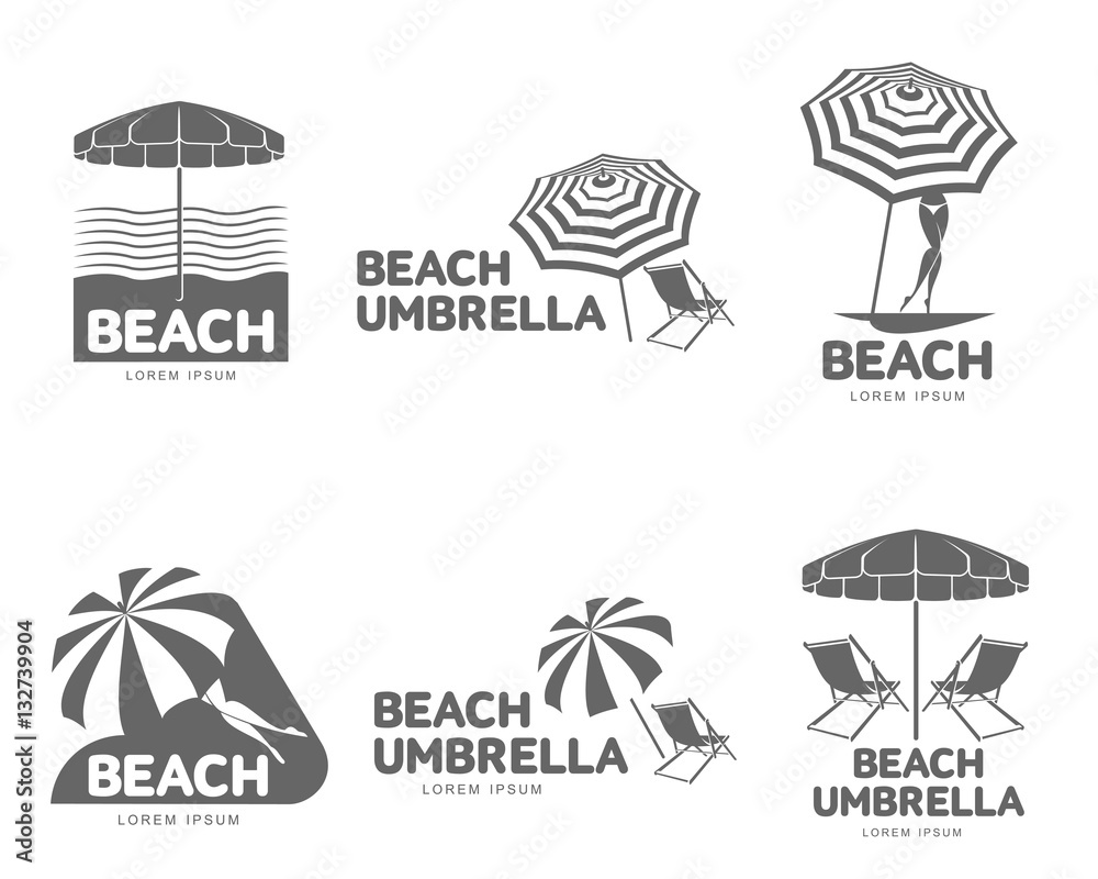 Logo templates with beach umbrella and sun bathing lounge chairs, vector illustration isolated on white background. Black and white graphic logotypes, logo templates with sunshade umbrellas - obrazy, fototapety, plakaty 