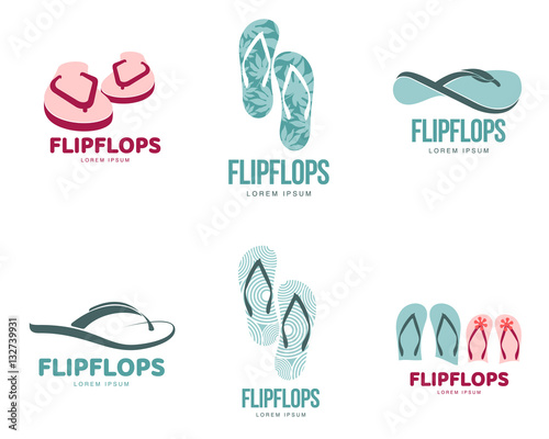 Set of stylized black and white rubber flip flops logo templates, vector illustration isolated on white background. Graphic flip flops, sandals logotype, logo design, summer vacation, holiday concept