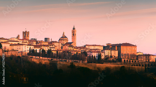 Canvas Print Bergamo Alta old town colored af sunset's lights - Lombardy Italy