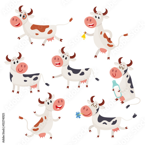 Funny black, brown and white spotted cow characters standing, sitting, running, cartoon vector illustration set isolated on white background. Cow characters, design element for farm, dairy products