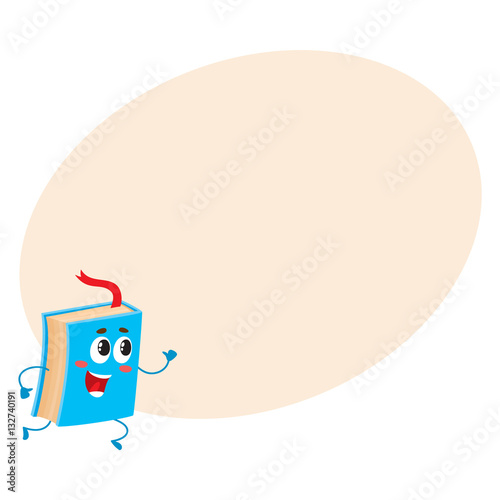 Funny book character running with bookmark ribbon visible, cartoon vector illustration on background with place for text. Blue book running happily with a wide smile, school, education concept