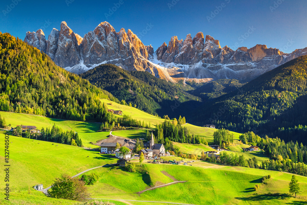 Fototapeta premium Stunning spring landscape with Santa Maddalena village, Dolomites, Italy, Europe