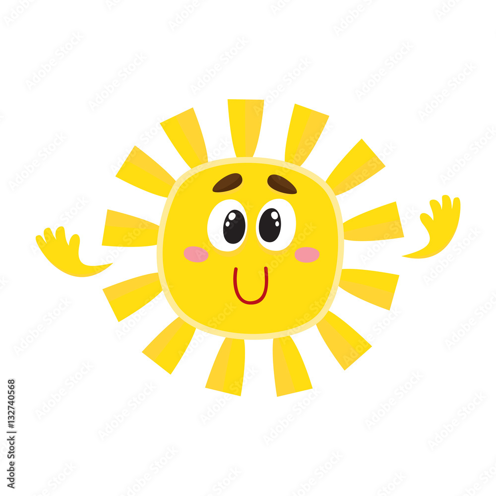 Cute and funny smiling sun with big eyes and hands, cartoon vector illustration isolated on white background. Cheerful sun character, symbol of summer season, hot weather and vacation at the sea