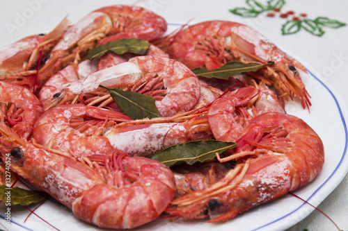 dish of prawns on the tablecloth