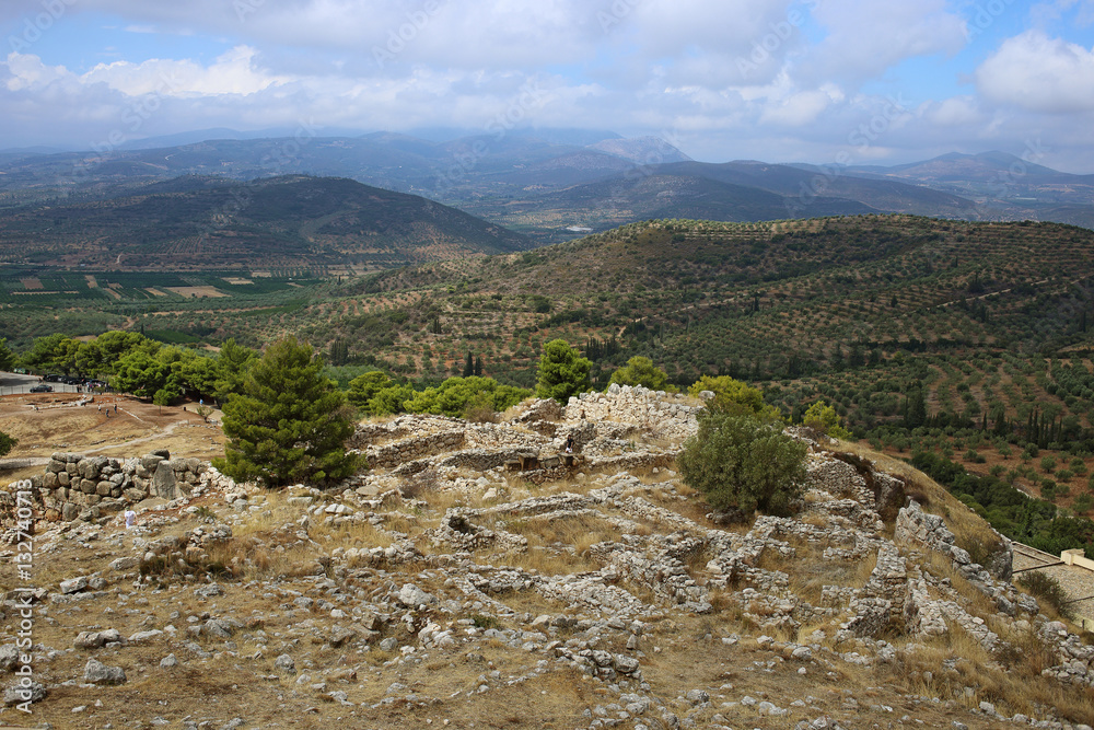 Landscape around Mycenae and ruins of the ancient city