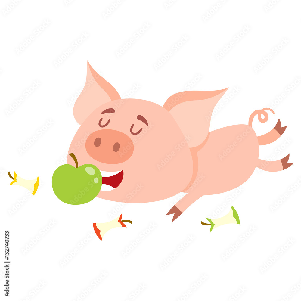 Funny little pig lying and eating apple with three more stumps around,  cartoon vector illustration isolated on white background. Cute little pig  eating apple, overeating concept Stock Vector | Adobe Stock