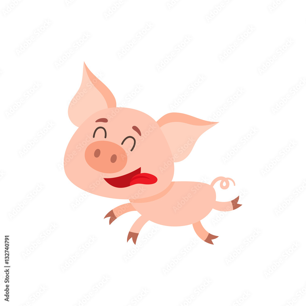 Funny little pig running with tongue out and eyes closed, cartoon vector illustration isolated on white background. Cute little pig running on four legs excitedly, decoration element Funny little pig running with tongue out and eyes closed, cartoon vector illustration isolated on white background. Cute little pig running on four legs excitedly, decoration element