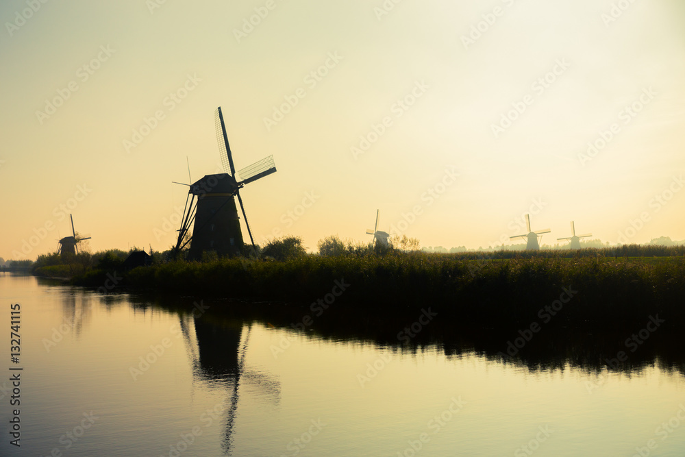 Traditional dutch windmills in countryside at Kinderdijk, Rotter