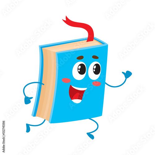 Funny book character running with bookmark ribbon visible, cartoon vector illustration isolated on white background. Blue book running happily with a wide smile, school, education concept