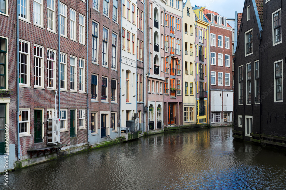 Facades of old histoic Houses over canal water, Amsterdam, Netherlands