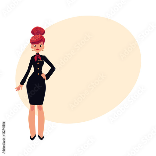 Full length portrait of beautiful red haired stewardess in black uniform, cartoon vector on background with place for text. Cartoon air stewardess, cabin crew wearing black uniform and red tie