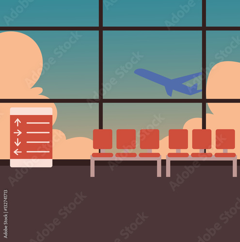Empty airport terminal interior with a view of airplane taking off against blue sky, cartoon vector illustration. Airport waiting room, lounge zone with airplane departing behind the glass wall