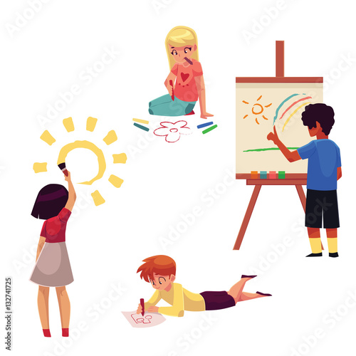 Kids drawing with pencils, crayons, paints, fingers, cartoon vector illustration isolated on white background. Set of kids, boys and girls, drawing in different positions - standing, sitting, lying