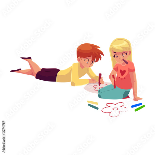 Boy And Girl Sitting On The Floor Drawing Car Flowers With Crayons Cartoon Vector Illustration On White Background Little Girl And Boy Drawing With Pencils And Crayons On The Floor Stock Vector