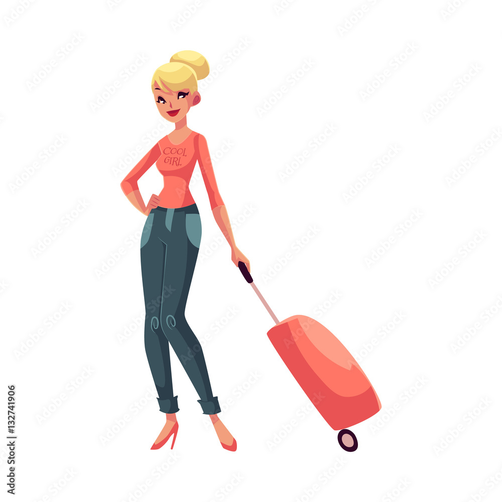 Pretty blond woman in jeans and heels travelling with suitcase, cartoon illustration isolated on white background. Full length portrait of beautiful blond girl, woman traveler with luggage, suitcase Pretty blond woman in jeans and heels travelling with suitcase, cartoon illustration isolated on white background. Full length portrait of beautiful blond girl, woman traveler with luggage, suitcase