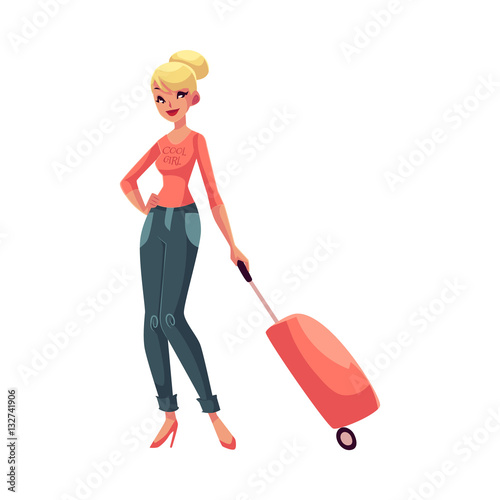 Pretty blond woman in jeans and heels travelling with suitcase, cartoon illustration isolated on white background. Full length portrait of beautiful blond girl, woman traveler with luggage, suitcase