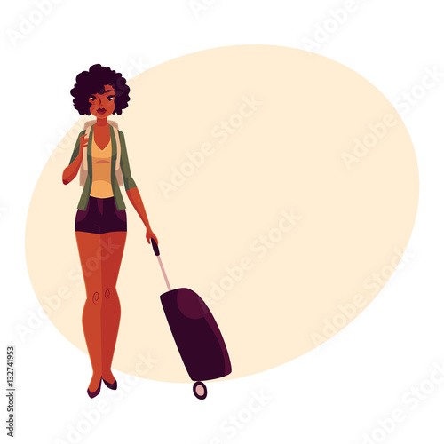 Pretty African American girl, woman traveler with backpack and suitcase, cartoon on background with place for text. Full length portrait of beautiful black, African girl, woman with luggage