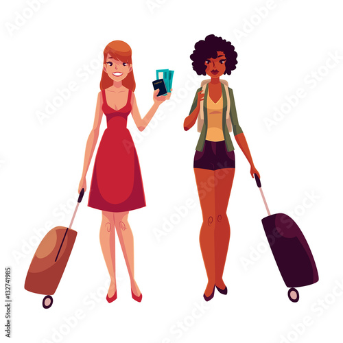 Two girls, black and Caucasian travelling together with suitcases, one holding tickets, another wearing backpack, cartoon illustration isolated on white background. Young women with luggage, suitcases