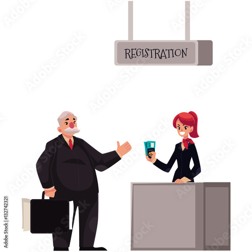 Line to airport check-in, passenger and baggage registration desk, cartoon vector illustration isolated on white background. Man waiting for check in, luggage drop, baggage registration in airport