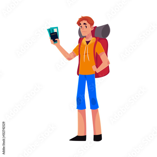 Young traveler, backpacker, hitchhiker standing and holding tickets and passport, cartoon illustration isolated on white background. Young man with backpack, passport and tickets ready for flight