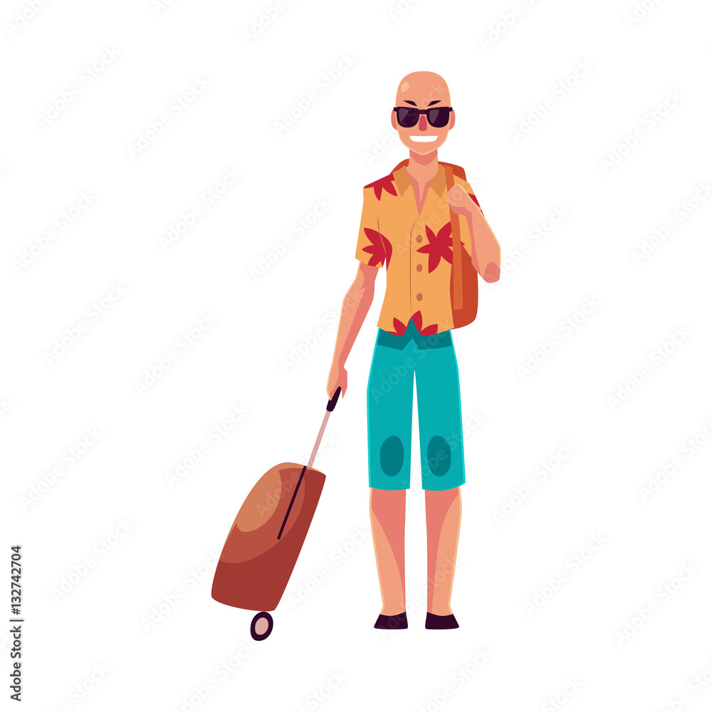 Young bald man in sunglasses, aloha shirt and shorts with a suitcase, cartoon illustration isolated on white background. Airplane passenger with a suitcase, going to, from vacation Young bald man in sunglasses, aloha shirt and shorts with a suitcase, cartoon illustration isolated on white background. Airplane passenger with a suitcase, going to, from vacation