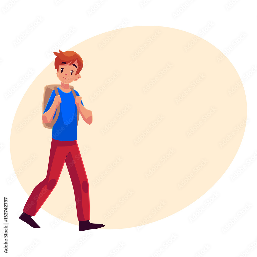 School boy, teenager walking, going somewhere with backpack, cartoon