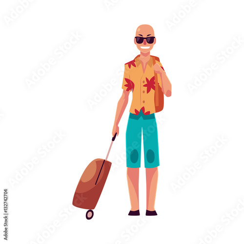 Young bald man in sunglasses, aloha shirt and shorts with a suitcase, cartoon illustration isolated on white background. Airplane passenger with a suitcase, going to, from vacation