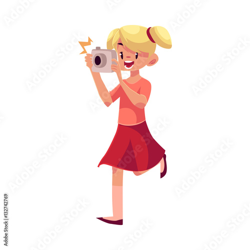 Little blond girl with ponytails running with camera and making photos, cartoon illustration isolated on white background. Full length portrait of little, teenage girl shooting with photo camera