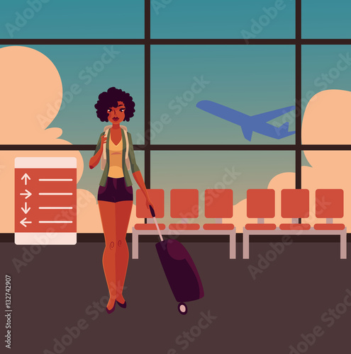 Pretty African American girl, woman traveler with backpack and suitcase in airport terminal interior with a view of airplane. Full length portrait of beautiful black, African girl, woman with luggage